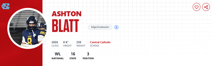 PRZVicCastillo's tweet image. Pittsburgh Central Catholic's @blatt_ashton has officially signed with #UNC Football. #NSD2026 

2026 PA Recruit #16 OVR - #3 EDGE

Congrats to him and his family! @UNCFootball @TarPitPod @InsideCarolina @CoachLehmeier @PCC_FOOTBALL