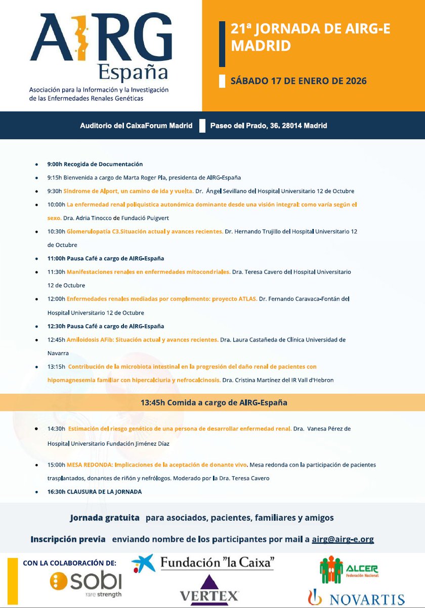hipofam's tweet photo. La asociación AIRG organiza su jornada anual el sábado 17 de enero en el Caixaforum de Madrid. Una gran oportunidad para aprender sobre enfermedades renales hereditarias y raras. Si eres paciente con una de estas patologías o profesional interesado, no te lo pierdas, te esperamos https://t.co/BfbBJptdFo