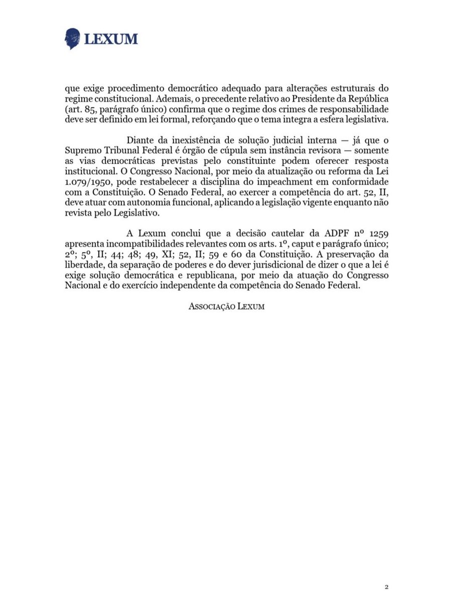 mauad_joao's tweet image. A Lexum acaba de publicar Nota Técnica analisando a decisão cautelar proferida na ADPF nº 1259, com atenção especial aos seus efeitos sobre a separação de poderes, o processo democrático e o funcionamento dos freios e contrapesos previstos na Constituição.