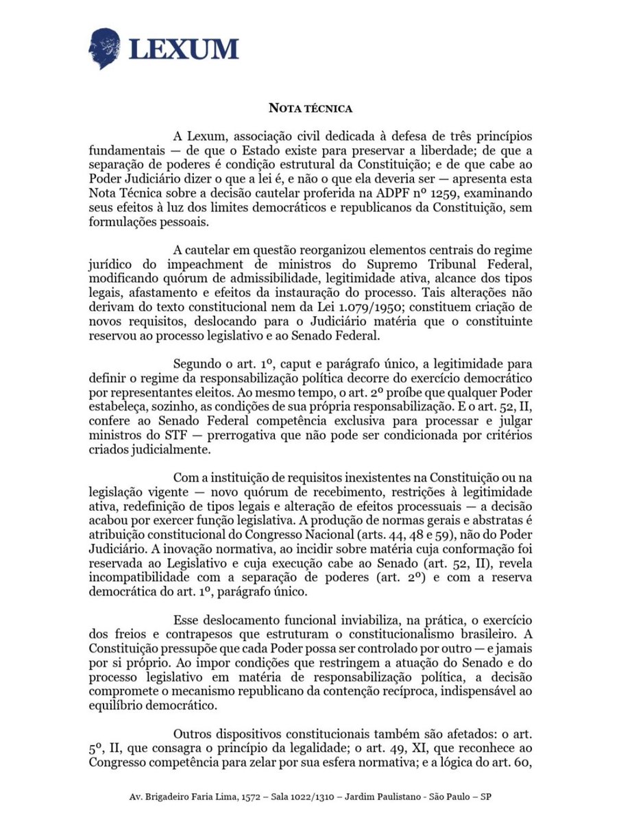 mauad_joao's tweet image. A Lexum acaba de publicar Nota Técnica analisando a decisão cautelar proferida na ADPF nº 1259, com atenção especial aos seus efeitos sobre a separação de poderes, o processo democrático e o funcionamento dos freios e contrapesos previstos na Constituição.