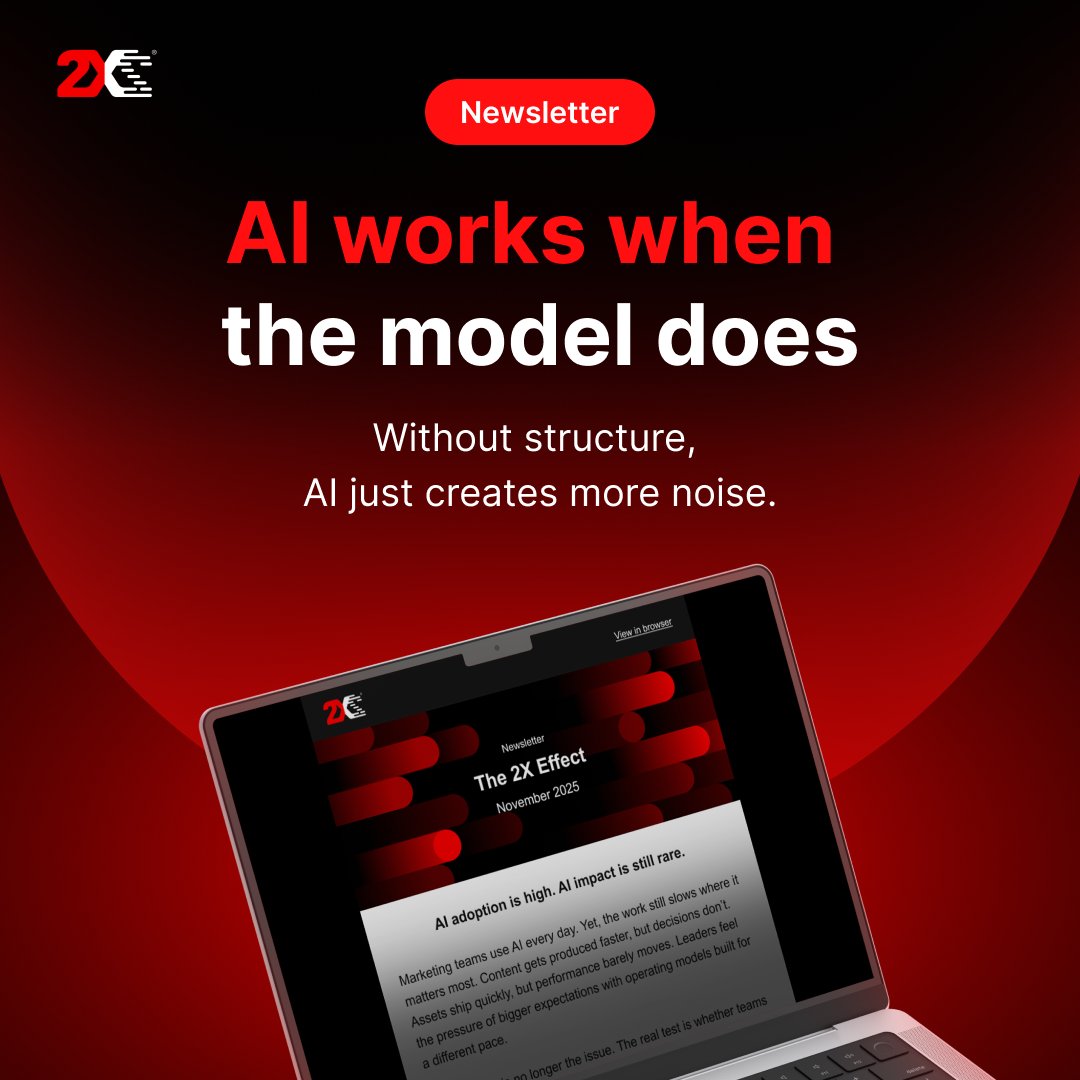 2XMarketing's tweet photo. AI speeds things up, but it won’t fix a broken model. 

The latest #2XEffect edition shows how CMOs are building AI-ready operating models: 
• Shift how work gets done 
• Budget for structure, not just tools 
• Pair AI with the right partners 

Read: https://t.co/2R4Z0uAe8G https://t.co/43UsVBSceZ