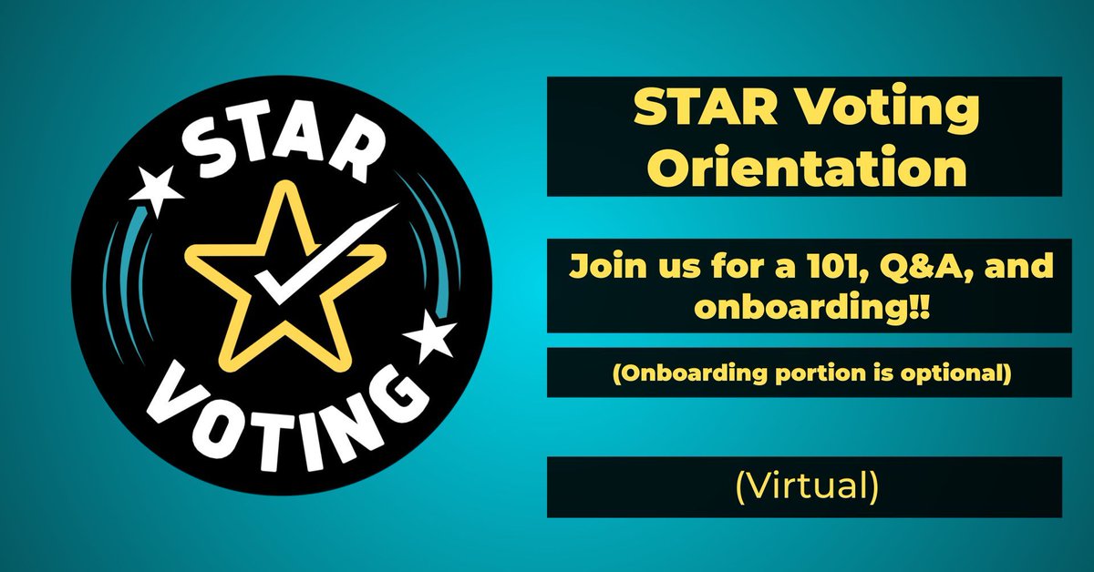 5starvoting's tweet photo. STAR Voting 101 with optional volunteer onboarding: Open to all!

Thursday, Dec 4 at 5pm Pacific: https://t.co/mPdeNxroL4 https://t.co/WSx4qzewN9