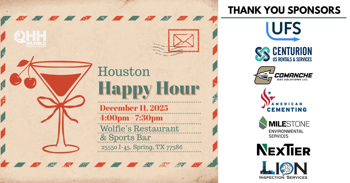 🥂Join us as the Oilfield Helping Hands Houston Chapter wraps up a successful year supporting local oilfield families! Connect with your peers at our December Happy Hour: loom.ly/OE0uEyY

📅December 11, 2025
⏰4 – 7:30 PM
📍Wolfie's Restaurant and Sports Bar, Spring, TX