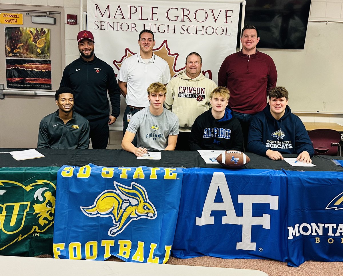 spurrlyman's tweet image. Congrats to these 4 amazing young men on committing and signing to their college/university this morning. Excited for these guys and what their futures hold!  Thank you to these players and amazing families for your time as a Crimson!  @Crimsonfootball #crimsonfamily