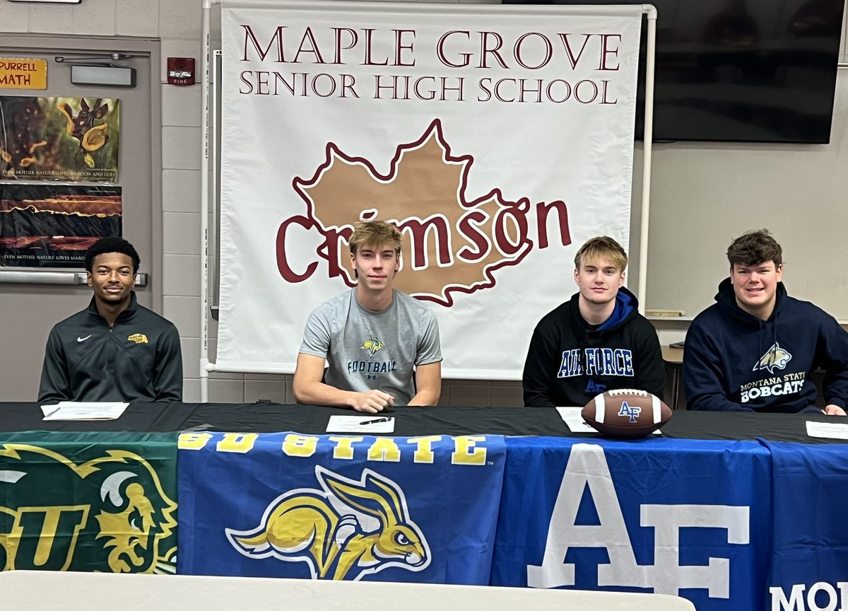 spurrlyman's tweet image. Congrats to these 4 amazing young men on committing and signing to their college/university this morning. Excited for these guys and what their futures hold!  Thank you to these players and amazing families for your time as a Crimson!  @Crimsonfootball #crimsonfamily