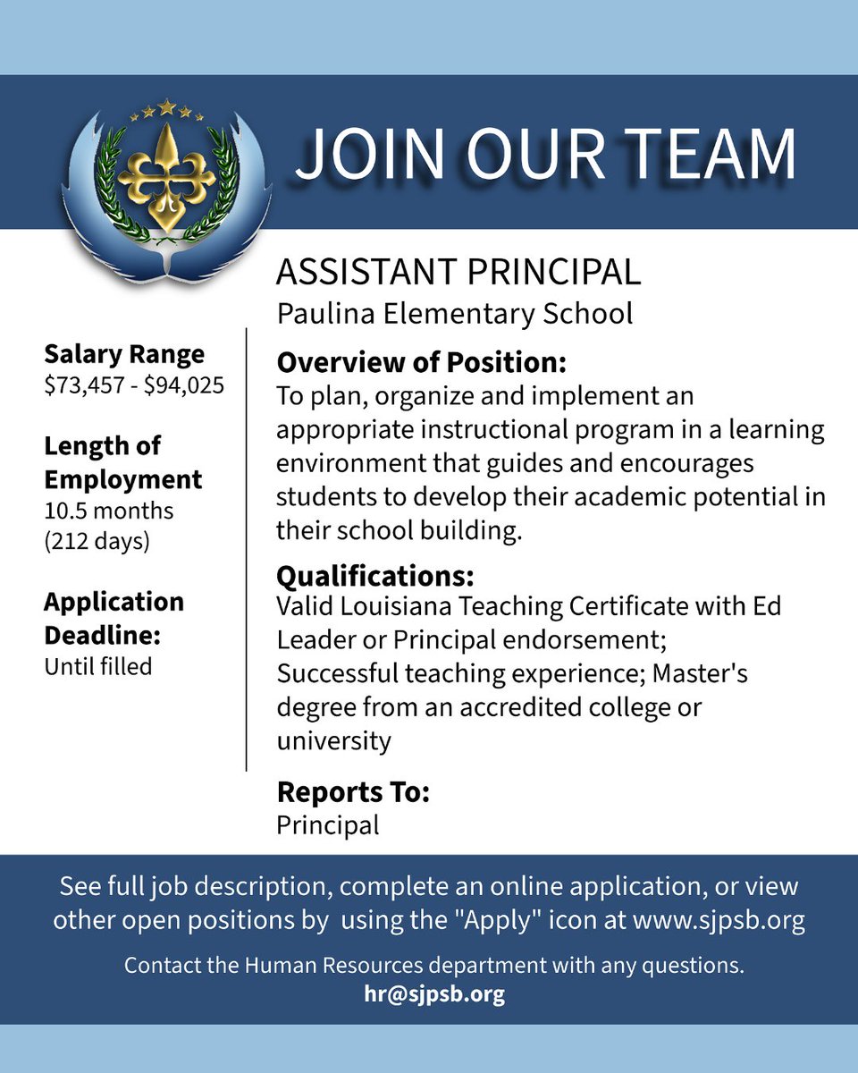 JOIN OUR TEAM! We are accepting applications for the following position!
🔵 ASSISTANT PRINCIPAL - Paulina Elementary School 
To apply, please visit applitrack.com/stjames/online…
#ThePlaceToBe