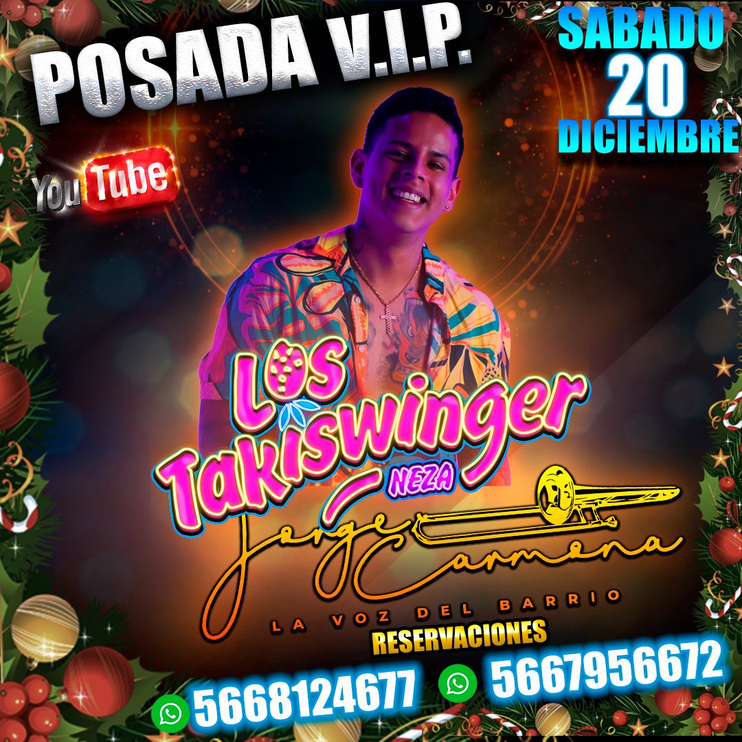 TAKISWINGER's tweet photo. SE VIENE LA POSADA VIP DE TAKISWINGER!!

VAMOS A AGRADECER DE UNA MANERA ESPECIAL TODAS TUS ASISTENCIAS COMENTARIOS Y APOYOS POR TODO ESTE AÑO!!!

SÁBADO 20 DE DICIEMBRE https://t.co/OAgWs2Topg