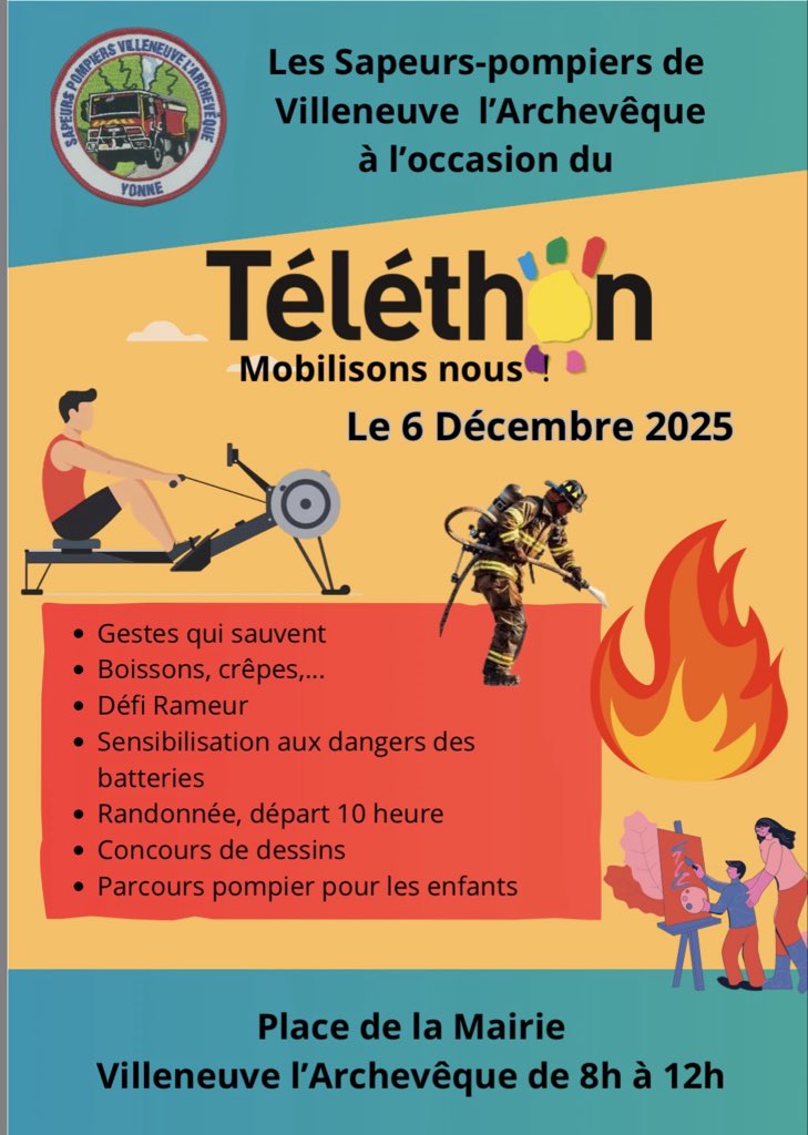 🟡L’Amicale de Villeneuve-l’Archevêque se mobilise pour le Téléthon ce samedi 6 décembre sur la place de la Mairie. Venez nombreux à leur rencontre !