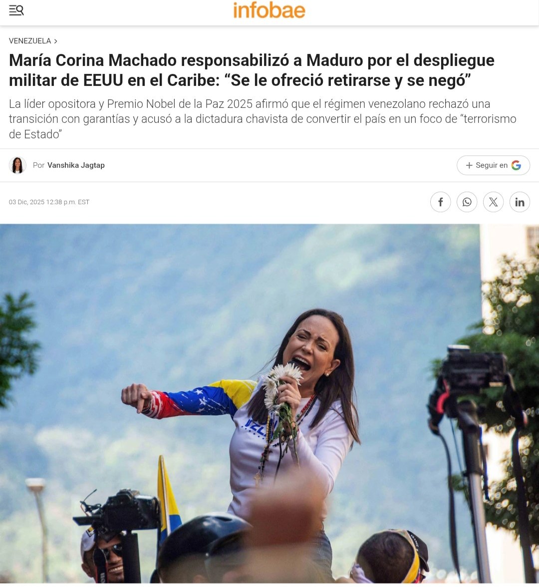 DIFUNDELOYA's tweet photo. 🚨 ¡𝗨𝗟𝗧𝗜𝗠𝗔 𝗛𝗢𝗥𝗔 𝗩𝗘𝗡𝗘𝗭𝗨𝗘𝗟𝗔!🚨🇻🇪

𝗨𝗥𝗚𝗘𝗡𝗧𝗘 — ¡𝗟𝗢 𝗨𝗟𝗧𝗜𝗠𝗢!  — 🇻🇪🇺🇸
INFOBAE:

Líder de Venezuela María Corina Machado responsabilizó a Maduro por el despliegue militar de EEUU en el Caribe: 

“Se le ofreció retirarse y se negó” https://t.co/tlDPnSLbcK