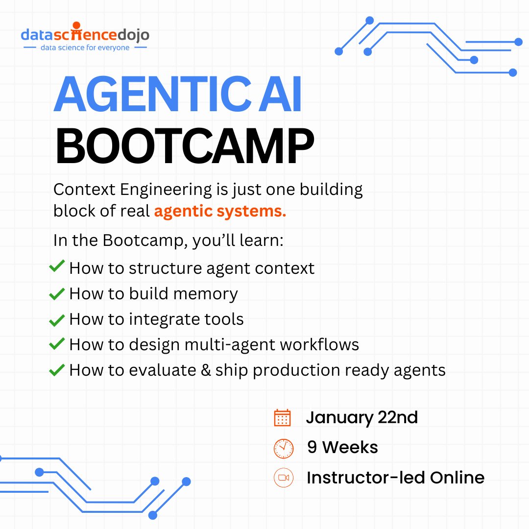 DataScienceDojo's tweet image. 💡 If you want to build real AI agents, start with this…
Most people think agent performance comes from using a “better model.”
But in reality?

Your context → decides your agent’s intelligence.

If your agents hallucinate, drift, overthink, underthink, or fail tasks…
it’s…