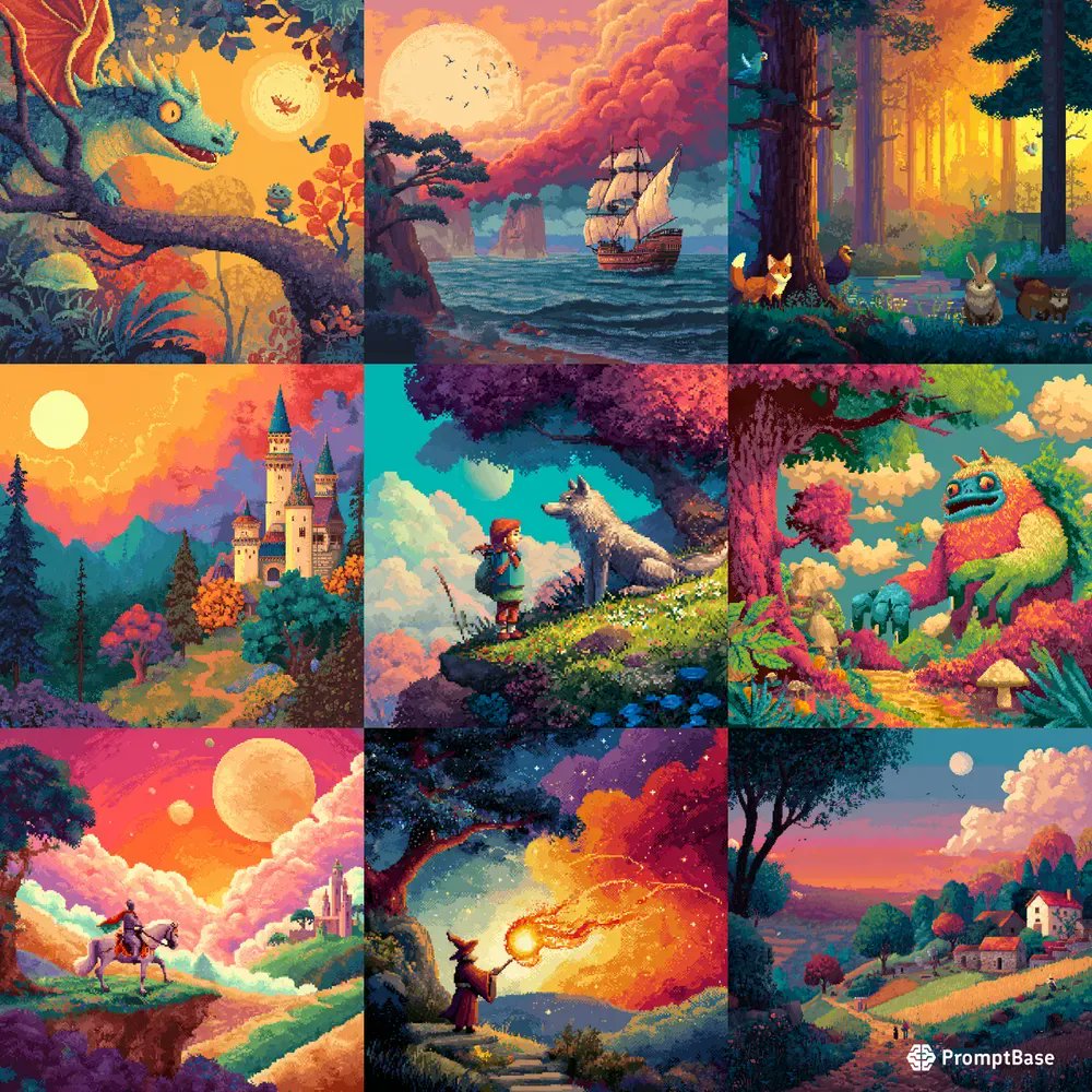promptbase's tweet image. Vibrant Fairytale Pixel Art Paintings by glorydays using Midjourney 🧚✨