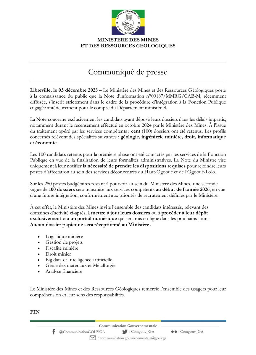 🚨 Complément d'information du Ministère des Mines et des Ressources Géologiques