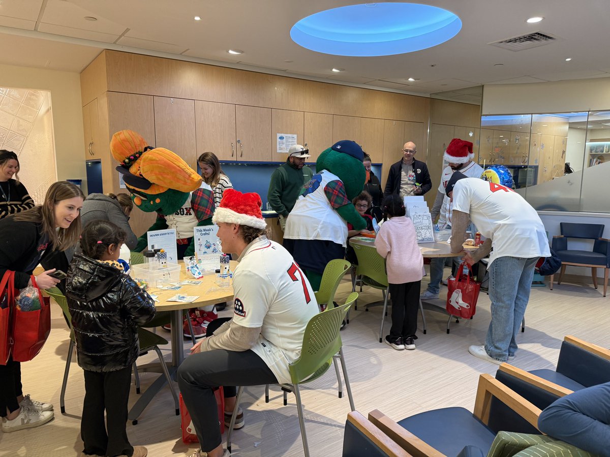 KyleBrayWBZ's tweet photo. Red Sox players Payton Tolle, Connelly Early, Conor Wong, Nick Sogard, and Nate Eaton paid a special visit to kids at Dana Farber’s Jimmy Fund Clinic as a part of the Red Sox holiday caravan. You can here more in my story for @wbznewsradio https://t.co/EqoW7MGcnu