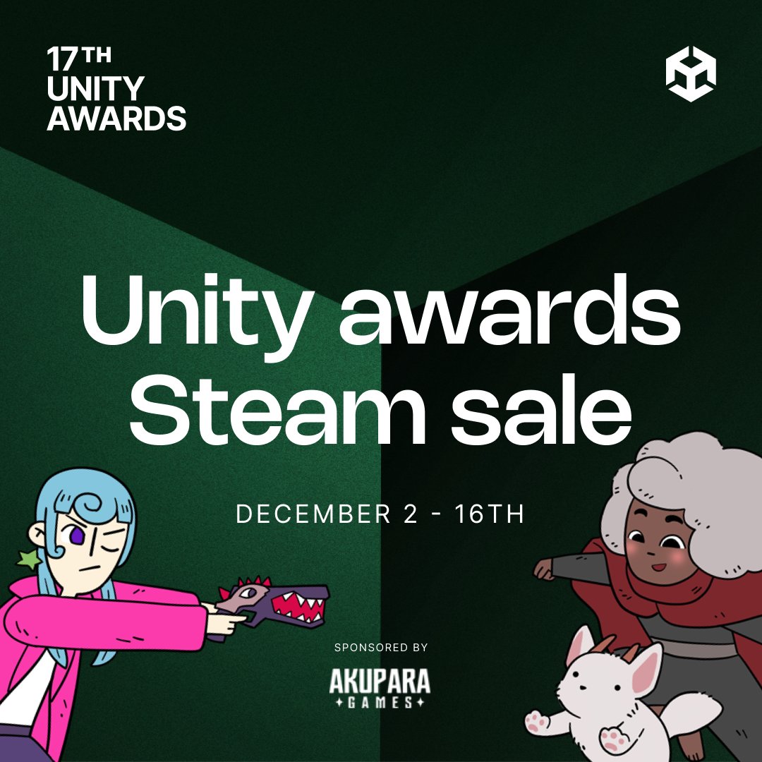 unitygames's tweet image. Our first-ever Unity Steam Sale is live 🎉🏷️

Explore 100+ games with great discounts, featuring this year&apos;s nominees from the 17th #UnityAwards, past winners, and other #MadeWithUnity standouts.

Presented by @akuparagames. 

Shop now: on.unity.com/UnitySteamSale