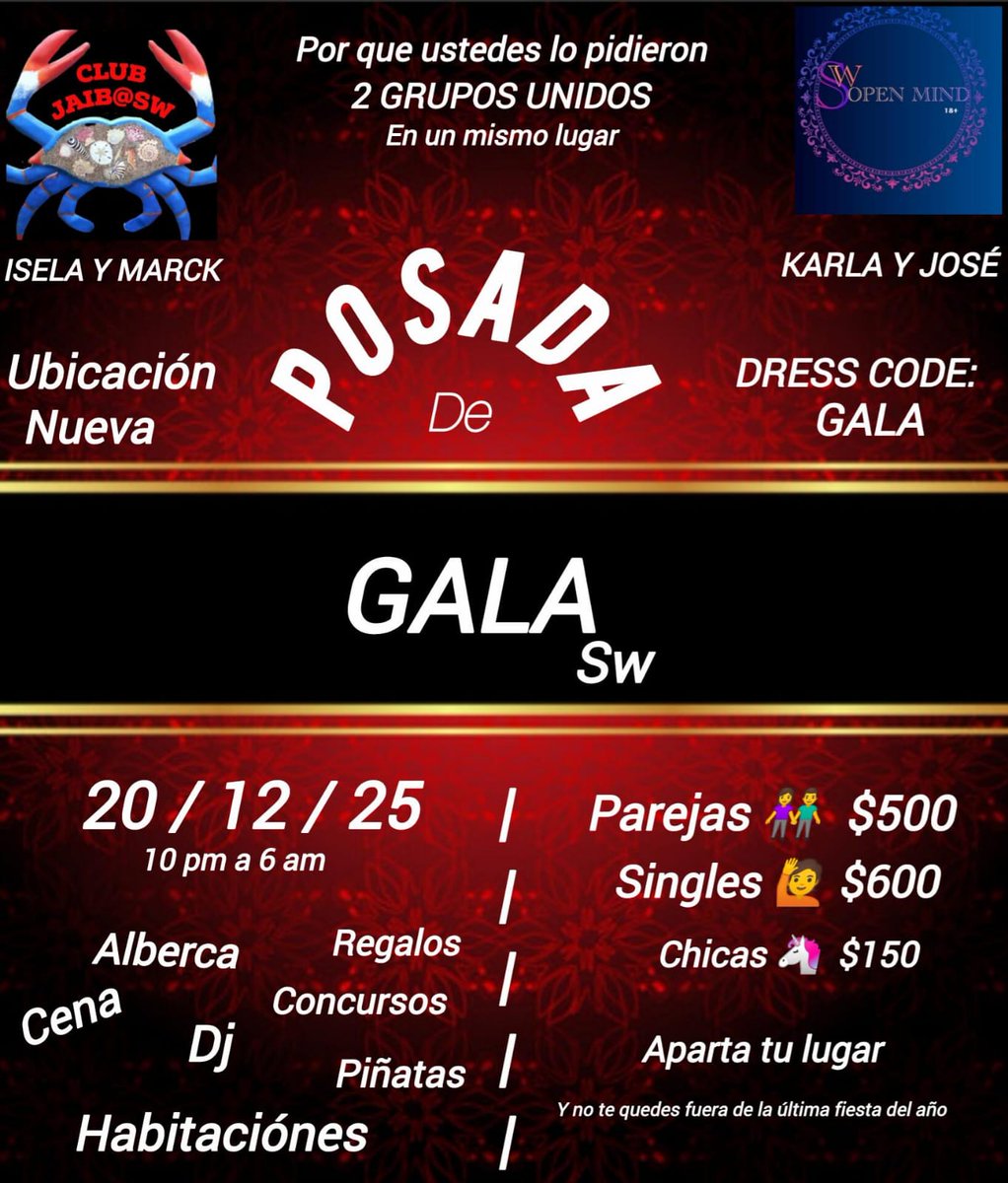Sábado 20 de Diciembre  Grupo  Jaib@SW 🦀 Club Y Grupo  OPEN MIND Invitan.
Contaremos con Alberca, Dj. Juegos,  Sesión de Fotos, Piñata, Habitaciones Disponibles,  Una Rifa de Una Habitación en Un Bonito Mothel Y Contaremos con Cena .
Aparten su Lugar con Tiempo Amig@SW.