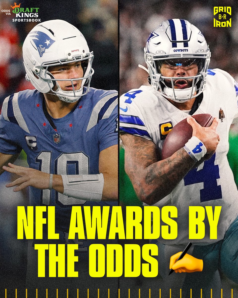 NFL AWARD WINNERS BY THE ODDS ✍️

MVP: Drake Maye (-135)
OROY: Tetairoa McMillan (+115)
DROY: Carson Schwesinger (-700)
OPOY: Jonathan Taylor (-115)
DPOY: Myles Garrett (-1400)
COY: Mike Vrabel (-270)
CPOY: Dak Prescott (-170)

(via <a href="/DKSportsbook/">DraftKings Sportsbook</a>)