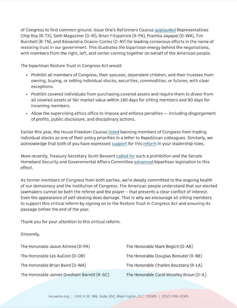 RepLuna's tweet photo. Nearly 100 former members of Congress, both Republicans and Democrats, have signed a letter urging House leadership to do the RIGHT THING and BAN stock trading for members of Congress. ROOT OUT THE CORRUPTION! https://t.co/cMq5Nhgzjr