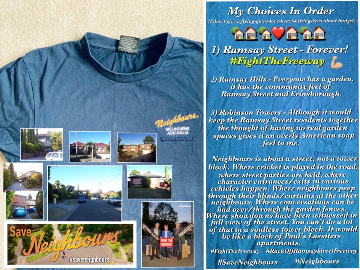 BazookaBonita's tweet photo. Too long to put in a tweet, so I put my choices and thoughts from todays #RobinsonTowers, #RamsayHills, #FightTheFreeway @neighbours episode into this image along with my own photos of #RamsayStreet and my t-shirt. #SaveNeighbours #Neighbours https://t.co/bBjUYwR2XN
