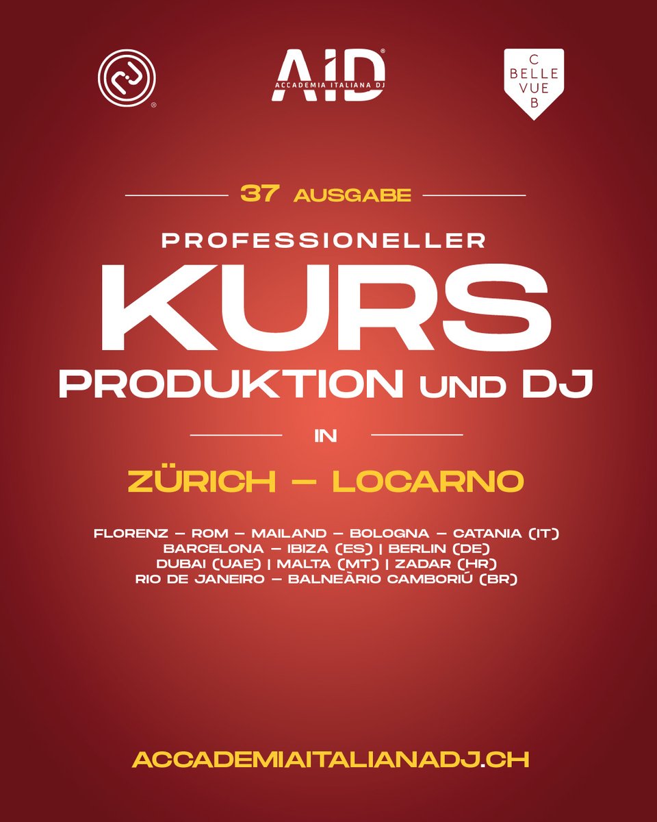 AccademiaDJ's tweet photo. EDITION 37

Die nächste Ausgabe der offiziellen DJ- und PRODUCTION-Kurse
findet von MÄRZ bis APRIL
in den Städten #ZÜRICH  und #LOCARNO

😍 DER DJ-KURS für maximal 10 Teilnehmer
😍 DER PRODUKTIONSKURS max. 5 Teilnehmer

+41 76 416 69 64 - info@accademiaitalianadj.ch https://t.co/lRIAPrgJYD