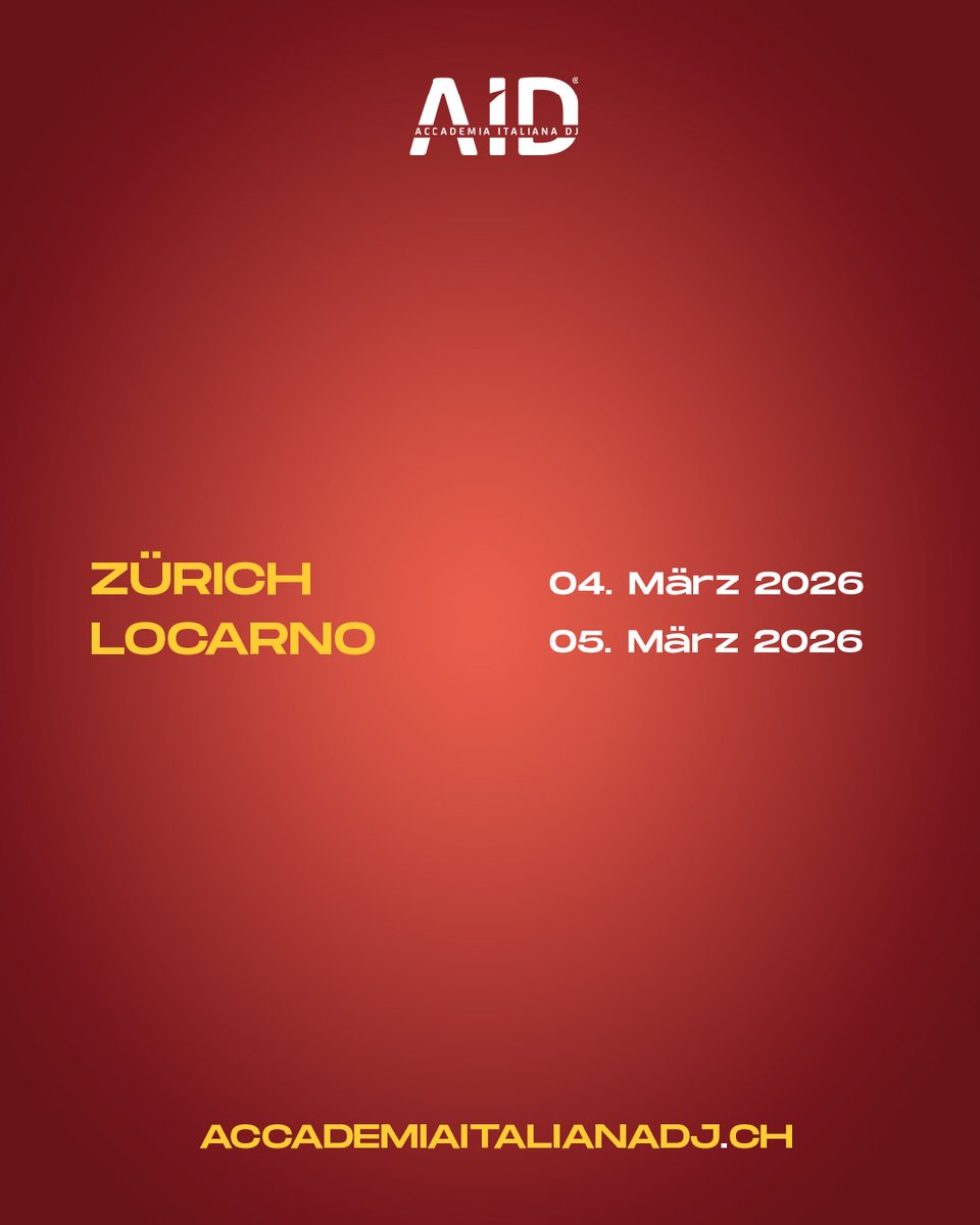 AccademiaDJ's tweet photo. EDITION 37

Die nächste Ausgabe der offiziellen DJ- und PRODUCTION-Kurse
findet von MÄRZ bis APRIL
in den Städten #ZÜRICH  und #LOCARNO

😍 DER DJ-KURS für maximal 10 Teilnehmer
😍 DER PRODUKTIONSKURS max. 5 Teilnehmer

+41 76 416 69 64 - info@accademiaitalianadj.ch https://t.co/lRIAPrgJYD