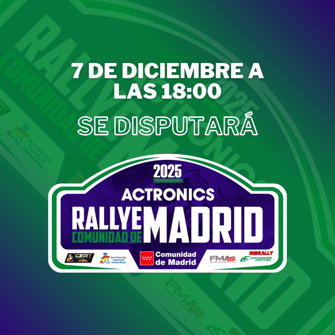 OficialSimrally's tweet photo. Este domingo 7 de diciembre a las 18:00 📅 se disputará el 🚗"Rallye Comunidad de Madrid" 🚗.
Podrás ver la retransmisión en directo 🔴 en Twitch (link en bio)

#simrally #simracing #rally #rallyvirtual https://t.co/o03gofGXwO