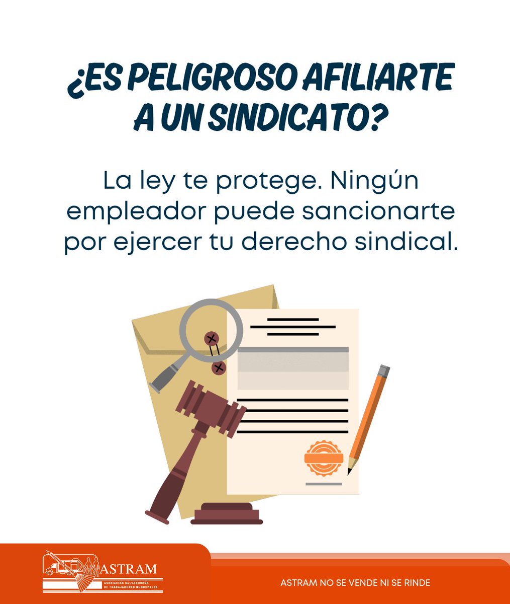 ASTRAMcomunity's tweet image. La ley te protege: ningún empleador puede sancionarte ni despedirte por ejercer tu derecho sindical.  Afiliarte, organizarte o participar en actividades sindicales es un derecho constitucional y laboral.  ¡Defiende tus derechos con confianza y sin miedo!