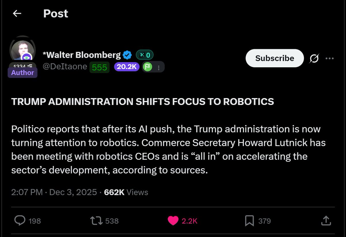 FoFan_eth's tweet image. $ROBA did 3x since my tweet about @Roba_Labs.

All main Robotics tokens pumped very well:
$CODEC +45%
$BREW +20%
$ROBOT +55%
$OPAN +60%

All this is due to the news that the Trump administration has begun to focus on robotics.

Therefore, as I said before, this narrative is my…