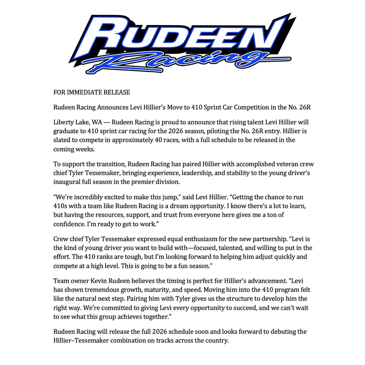 TEAM NEWS - Crew Chief Tyler Tessemaker to pair with Levi Hillier on the West Coast.