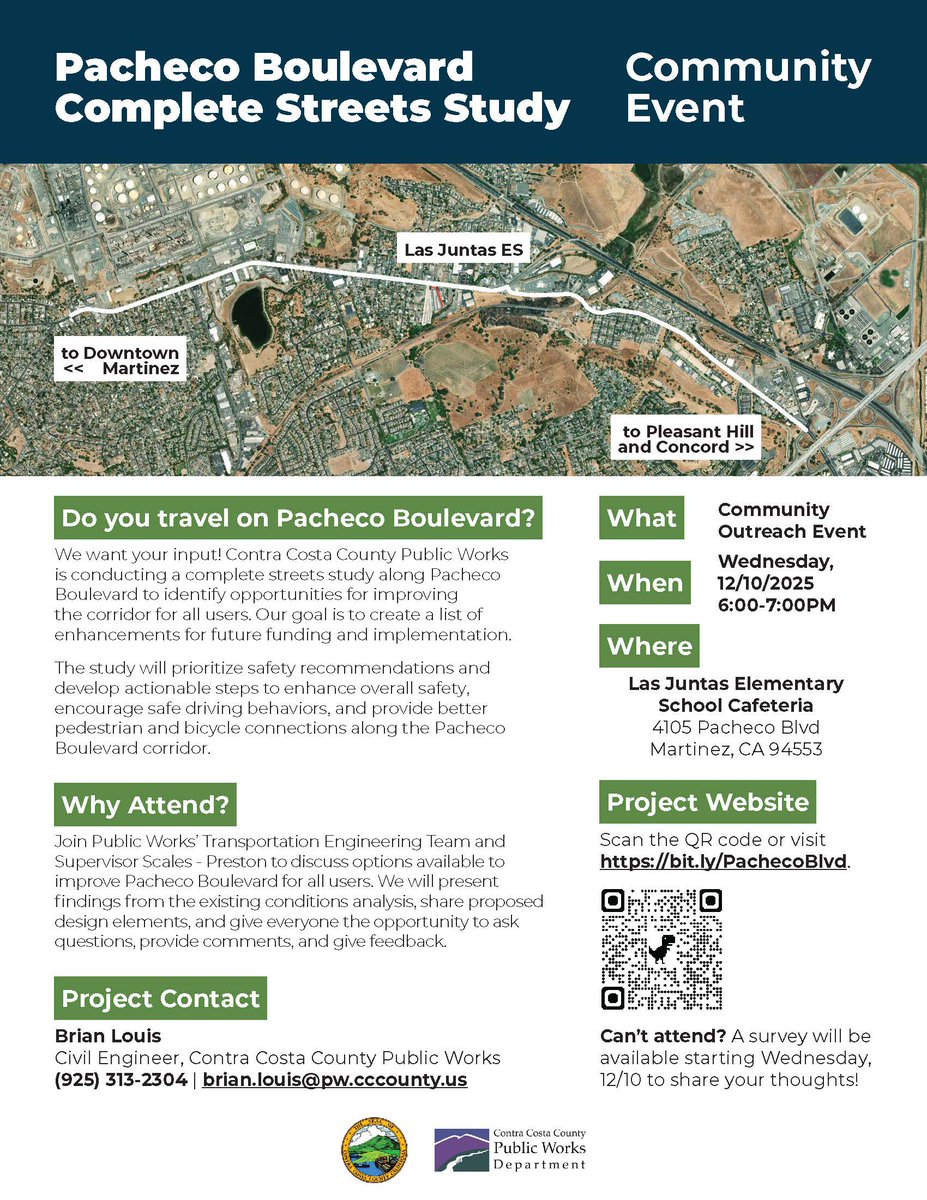 <a href="/cccpublicworks/">CCC Public Works</a> Do you travel on Pacheco Blvd? We want your input! Join us &amp; Supervisor Scales-Preston on Weds. 12/10/25, from 6-7 pm, for the Pacheco Blvd Complete Streets Study Community Event at Las Juntas Elementary, 4105 Pacheco Blvd, Martinez.  bit.ly/PachecoBlvd.