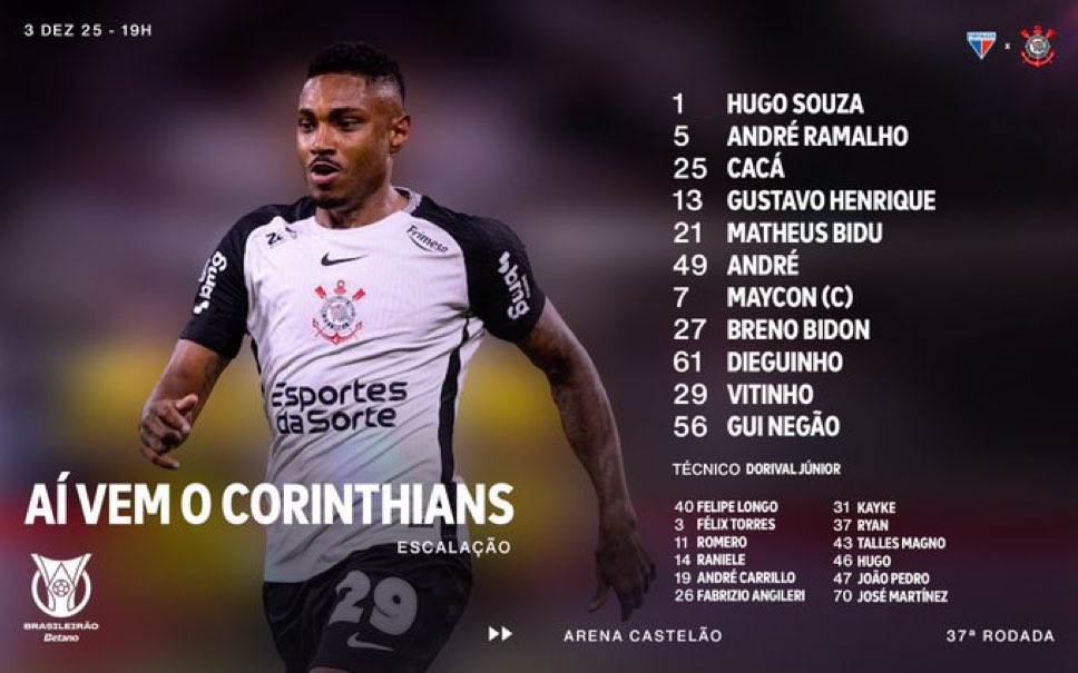 PoderosoCor's tweet image. Corinthians escalado para enfrentar o Fortaleza.