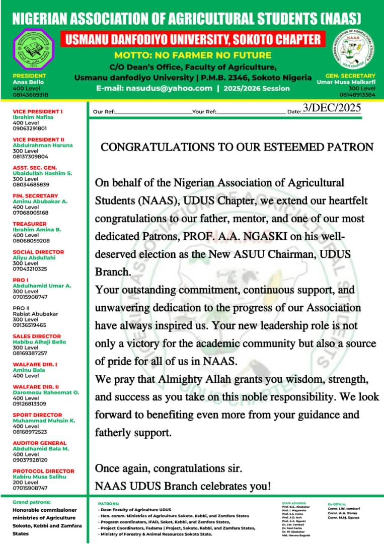 naas_udus's tweet photo. The Nigerian Association of Agricultural Students (NAAS), UDUS Branch proudly congratulates our respected father, mentor, and Patron on his well-deserved election as the ASUU Chairman, UDUS Branch.

Best regard 
ANAS BELLO 
PRESIDENT NAAS UDUS CHAPTER https://t.co/TztZ74EjCr
