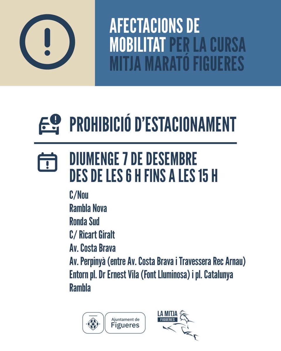 ⛔️🚘 Prohibicions d’estacionament: diumenge a partir de les 6 h, en els carrers on transcorre la cursa, fins al migdia

📍 La cursa transcorrerà pel centre, i punts com C/ Nou, Ronda Sud, l’Aigüeta, Parc de les Aigües, Marca de l’Ham, Vilatenim, i Vilabertran, Peralada i Cabanes