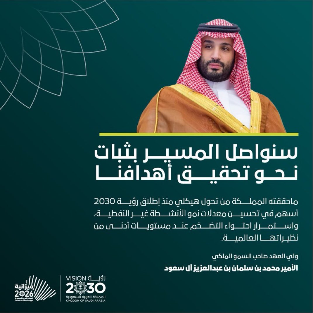 المملكة تمضي بثبات منذ انطلاقة رؤية السعودية 2030، محققةً تقدمًا واضحًا في مؤشراتها…
نمو في الأنشطة غير النفطية، وتوسع في القطاعات، واقتصاد يواصل التقدّم بخطوات واثقة.