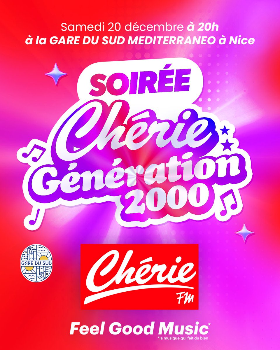 Chérie FM présente "Chérie Génération 2000", la soirée officielle 🎶🕺💃✨️
Samedi 20 décembre dès 20h à la Gare du Sud Mediterraneo à Nice 😍
#garedusud
⬇️👍
Entrée gratuite !

Passez en mode années 2000 avec tous vos titres préférés 🎶✨️
#cheriefm #Nice #nice06 #soiree2000