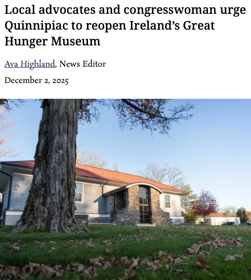 rosadelauro's tweet image. Ireland’s Great Hunger Museum was a treasure in the 3rd District – containing the largest collection of art &amp;amp; artifacts from The Great Famine. It must remain accessible to our community.

I’ll continue to work on a solution to reopen the museum at its original Hamden location.