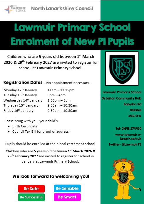 Details of how to enrol your child at Lawmuir Primary School for August 2026 <a href="/ParentLawmuir/">Lawmuir Parent Council</a> 
blogs.glowscotland.org.uk/nl/LawmuirBlog…
