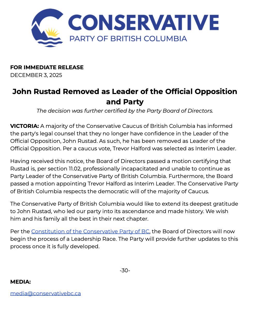 🚨BREAKING🚨

John Rustad is removed as Leader of the Conservative Party of BC.