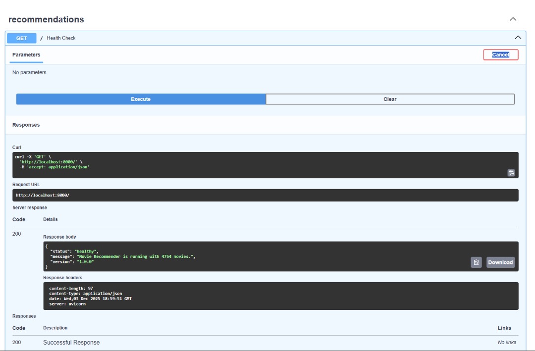 mackjohn341's tweet image. Day 31 - FINAL DAY OF API BUILD CHALLENGE! 🍾 The Movie Recommender API is complete. All endpoints are fully functional and tested, running on #FastAPI. Time to celebrate this milestone! 🎉