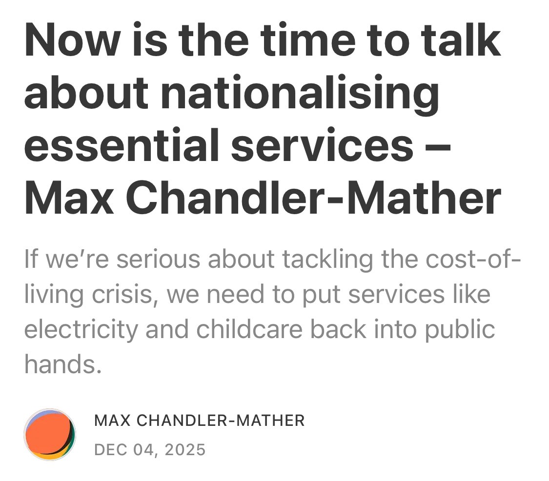 <a href="/MChandlerMather/">Max Chandler-Mather</a> 👉🏻 “Here’s the kicker. For every $100 of your electricity bill, just $12 is actually the cost of generating electricity. At every point in the electricity system for-profit corporations are taking a cut.”

deepcutnews.com/p/now-is-the-t…