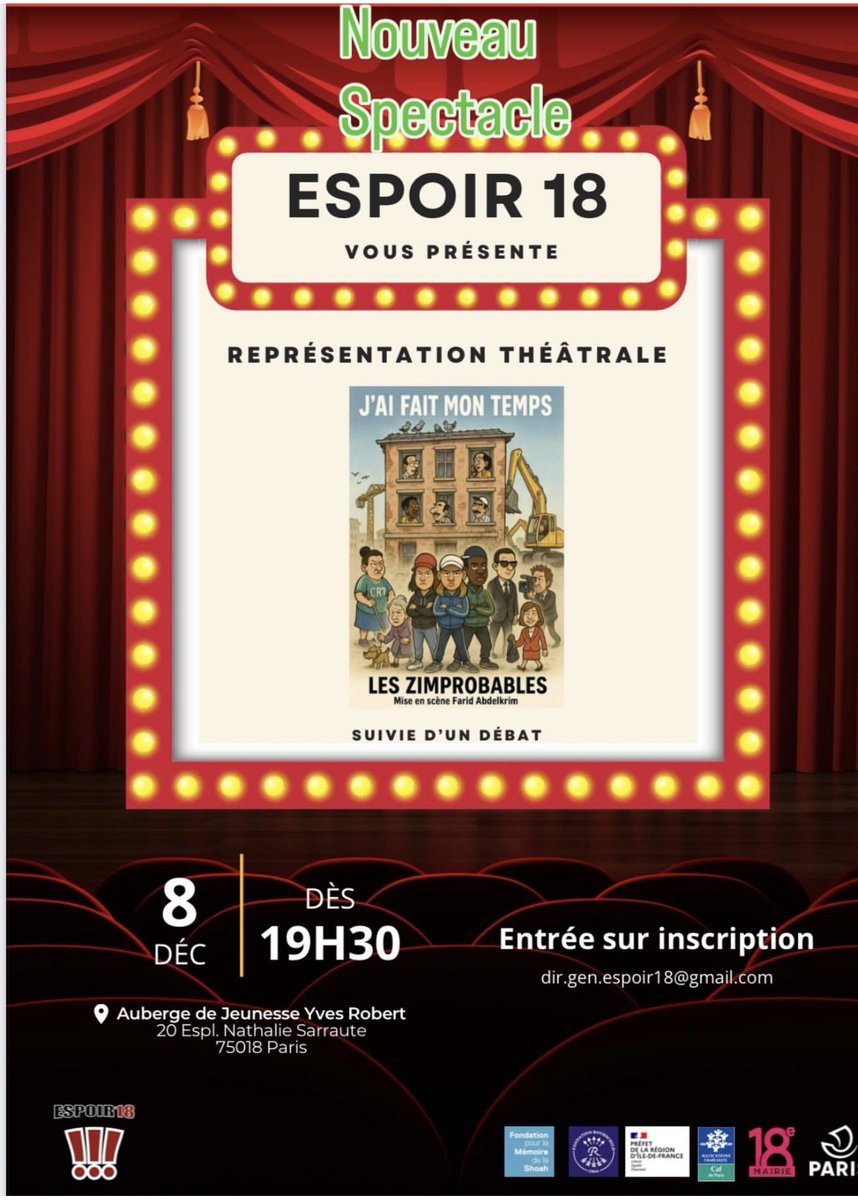 N’hésitez pas à vous inscrire pour venir apprécier le travail de comédiens de 10 à 65 ans qui ont pris le pari d’1 spectacle qui fait l’éloge du vivre ensemble et croient dur comme fer qu’il est encore possible de faire société. Entrée gratuite, faites-le savoir autour de vous.