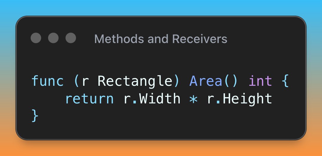 Methods in Go attach functions to types. The receiver is the part in parentheses before the function name. It tells Go which type owns the method.

Instead of passing a Rectangle to a function, you call rect.Area() directly. Keeps related behaviour with your data.

Follow me for