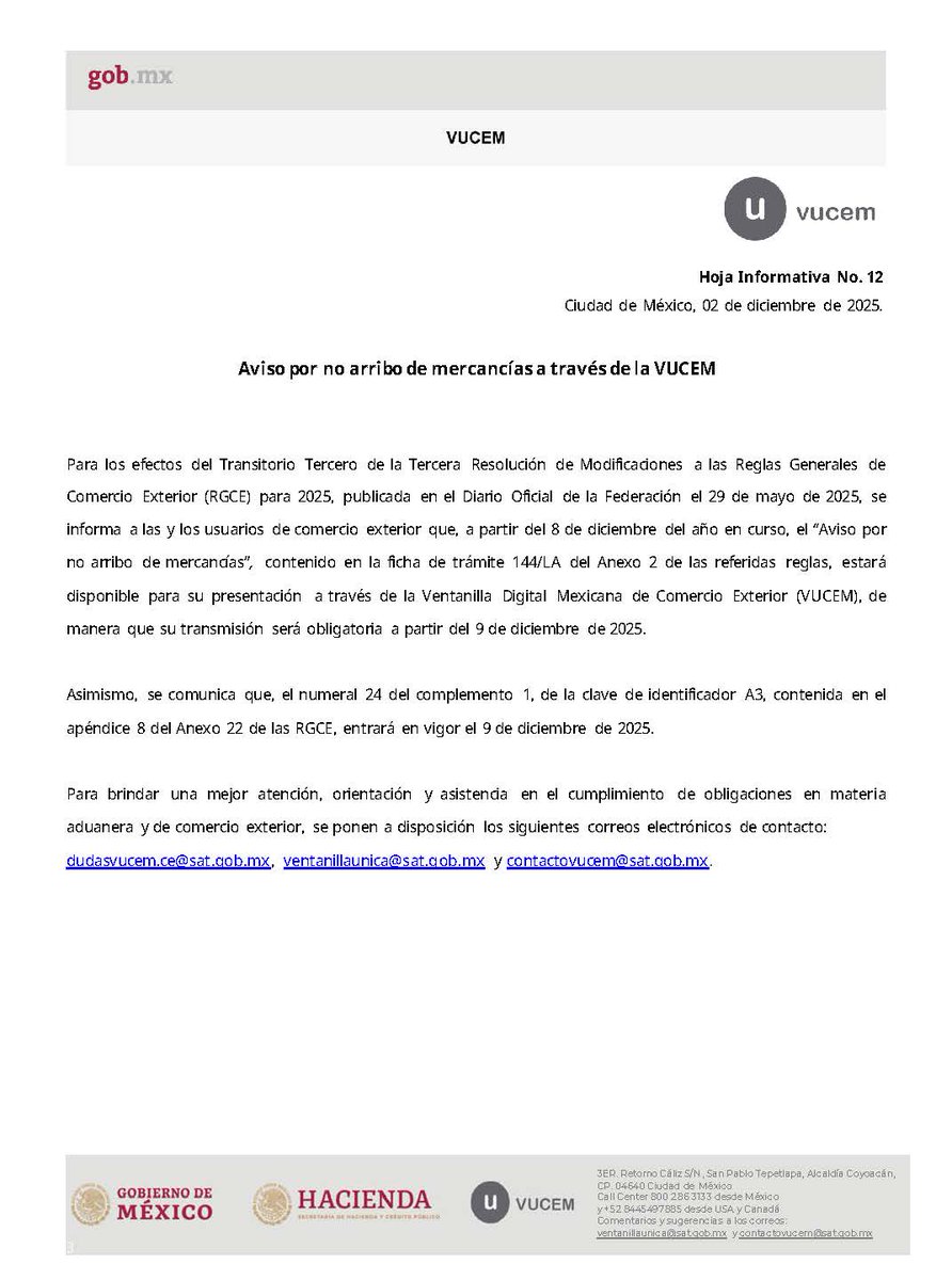 ClaaMx's tweet photo. Hoja Informativa No. 12 #VUCEM | Aviso por no arribo de mercancías a través de la VUCEM.

#TomaNota #AgenteAduanal #ComunidadCLAA https://t.co/VJtZBP2cIV