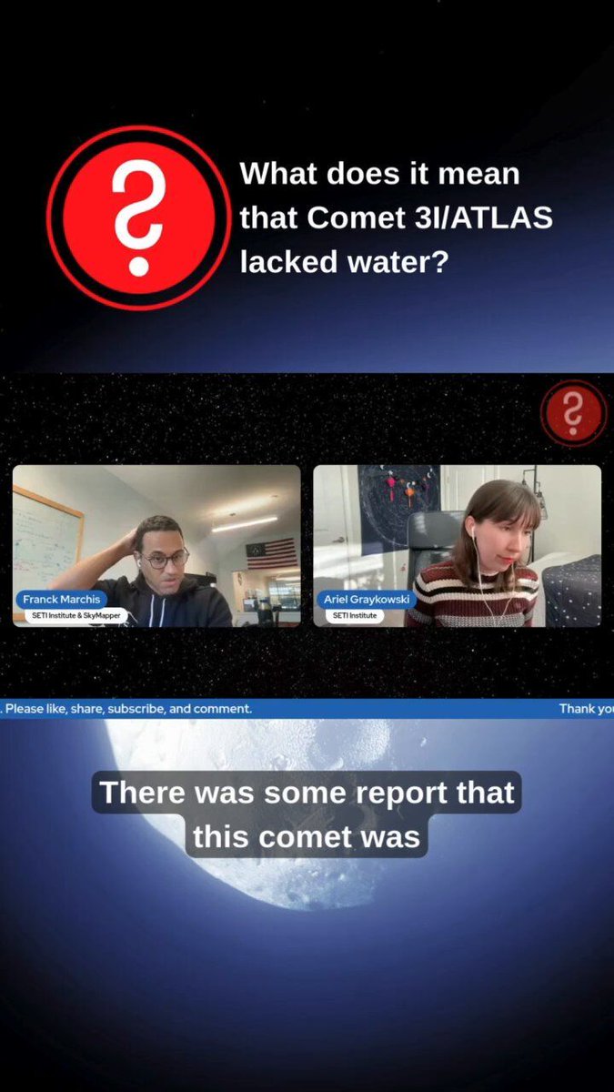 .@allplanets preguntó a Dr. Ariel Graykowski qué significaba que un análisis del #Comet3I/ATLAS revelara la ausencia de agua en la coma. pic.x.com/50gm3M5OhR