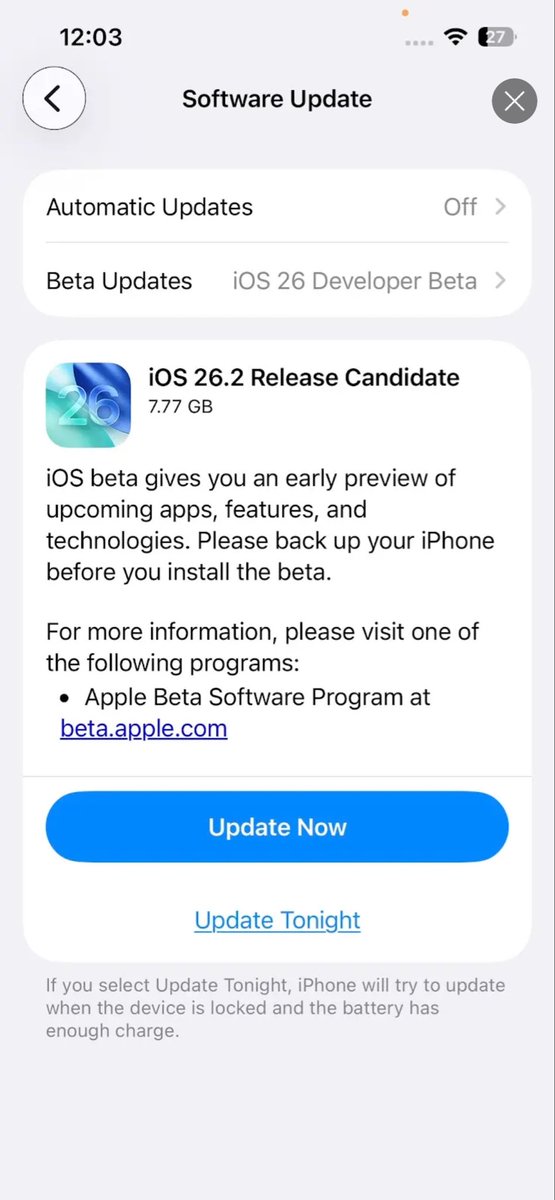 rrsonara's tweet image. IOS 26.2 RC is OUT NOW
 #iOS26update #iOS262 #Ios26beta