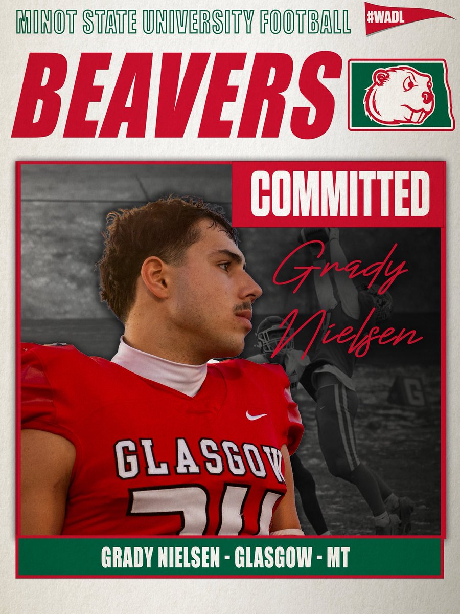 GHSscotties's tweet photo. Grady Nielsen has committed to Minot State University. Grady is the 2nd Scottie Football Senior to sign on to play College ball next fall. Nielsen makes his pledge to the Beavers official! #NextLevelScottie https://t.co/IbU4hTUKJS