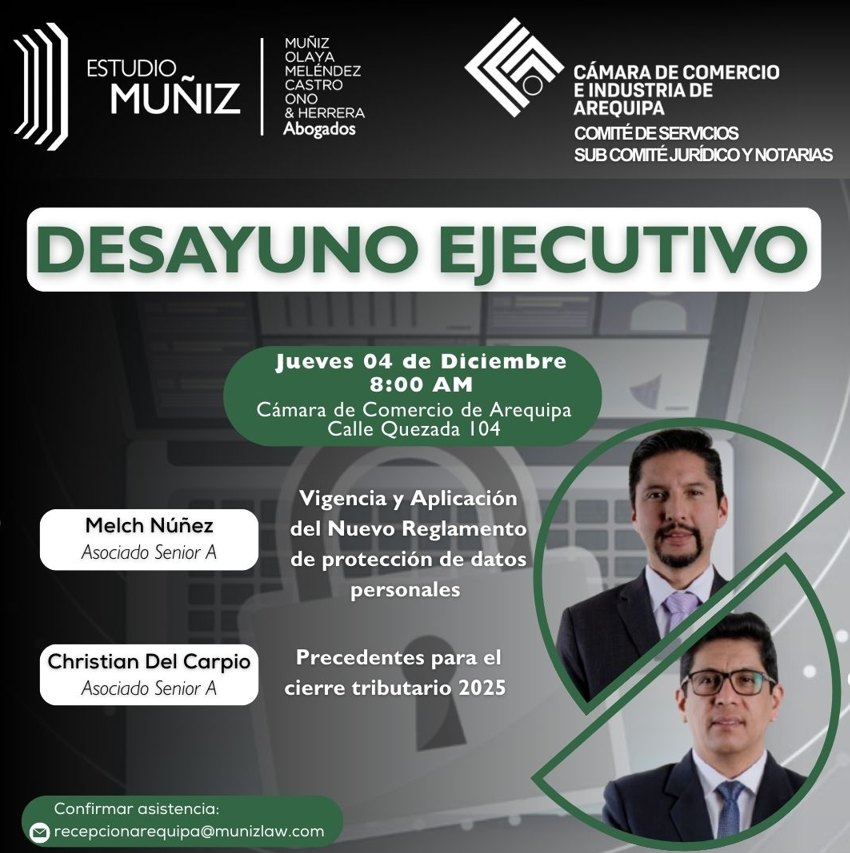 🔹 𝗗𝗲𝘀𝗮𝘆𝘂𝗻𝗼 𝗘𝗷𝗲𝗰𝘂𝘁𝗶𝘃𝗼 𝗱𝗲 𝗘𝘀𝘁𝘂𝗱𝗶𝗼 𝗠𝘂𝗻̃𝗶𝘇 𝗲𝗻 𝗹𝗮 𝗖𝗮́𝗺𝗮𝗿𝗮 𝗱𝗲 𝗖𝗼𝗺𝗲𝗿𝗰𝗶𝗼 𝗱𝗲 𝗔𝗿𝗲𝗾𝘂𝗶𝗽𝗮 🔹

📩 𝗖𝗼𝗻𝗳𝗶𝗿𝗺𝗮 𝘁𝘂 𝗮𝘀𝗶𝘀𝘁𝗲𝗻𝗰𝗶𝗮 𝗲𝘀𝗰𝗿𝗶𝗯𝗶𝗲𝗻𝗱𝗼 𝗮:
👉 recepcionarequipa@munizlaw.com