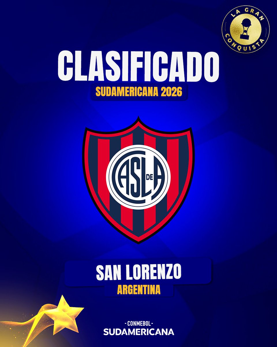Sudamericana's tweet image. 🏆🩵❤️ El primer campeón de la CONMEBOL #Sudamericana estará presente en la edición 2026: @SanLorenzo nuevamente por #LaGranConquista.