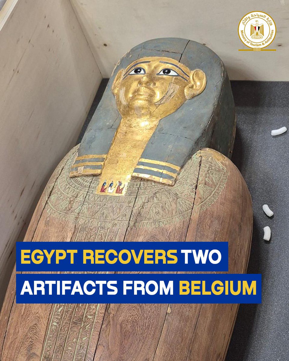 TourismandAntiq's tweet photo. MOTA in cooperation with the Ministry of Foreign Affairs and the relevant Belgian authorities, has recovered two ancient Egyptian artifacts: a gilded coffin from the Late Period and a wooden chin fragment from the Middle Kingdom. https://t.co/q7wlOOwGzp