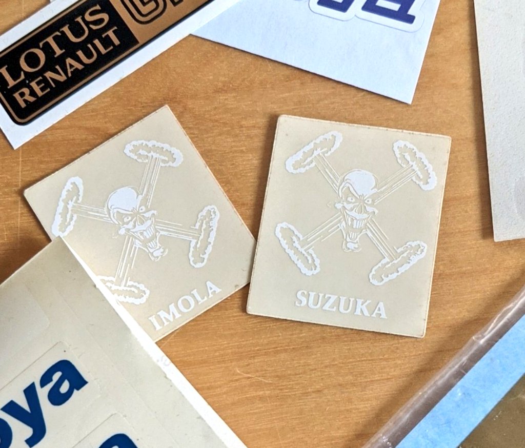 A fun little gaming momento. These Sega Pirate stickers date from 1993 when Sega sponsored the Williams F1 racing team. These were added to the drivers rear wing for every race they won.

Suzuka is interesting as it wasnt a race Williams won, therefore the sticker was never used.