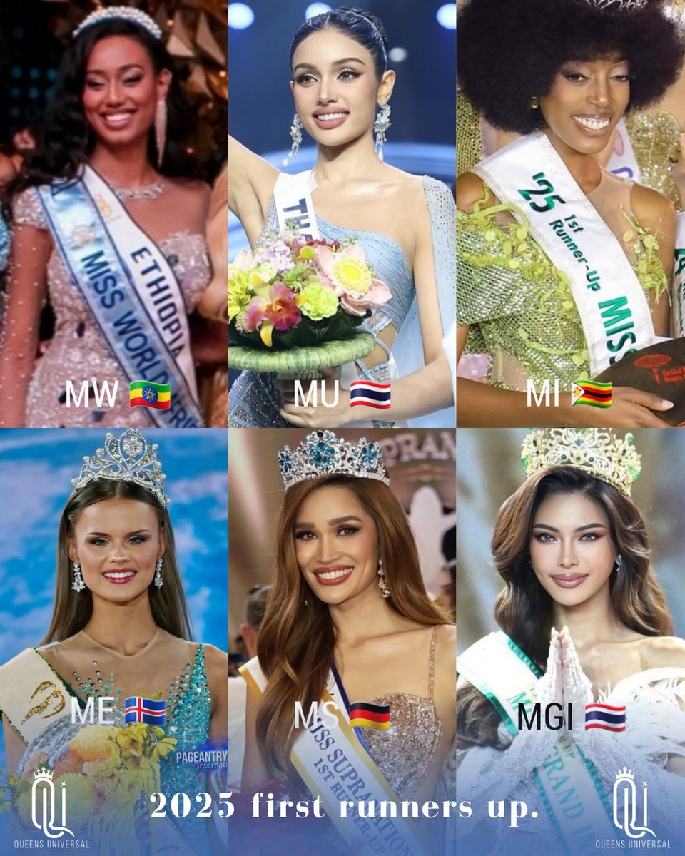 queensuniversal's tweet image. Las 1ras finalistas del 2025 👑✨️
MW, Etiopía 🇪🇹
MU, Tailandia 🇹🇭
MI, Zimbabwe 🇿🇼
ME, Islandia 🇮🇸
MS, Alemania 🇩🇪
MGI, Tailandia 🇹🇭
#MissUniverse2025 
#MissUniverse 
#MissInternational 
#MissGrandInternational
#MissEarth 
#MissWorld
#MissSupranational 
#MissUniverseThailand
